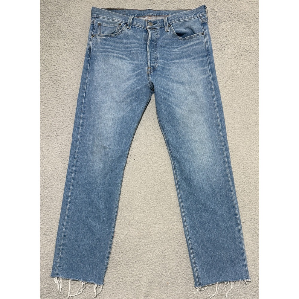 Levis 501 Jeans Mens 34x30 Blue Straight Leg Button Fly Denim Cotton Raw Hem
